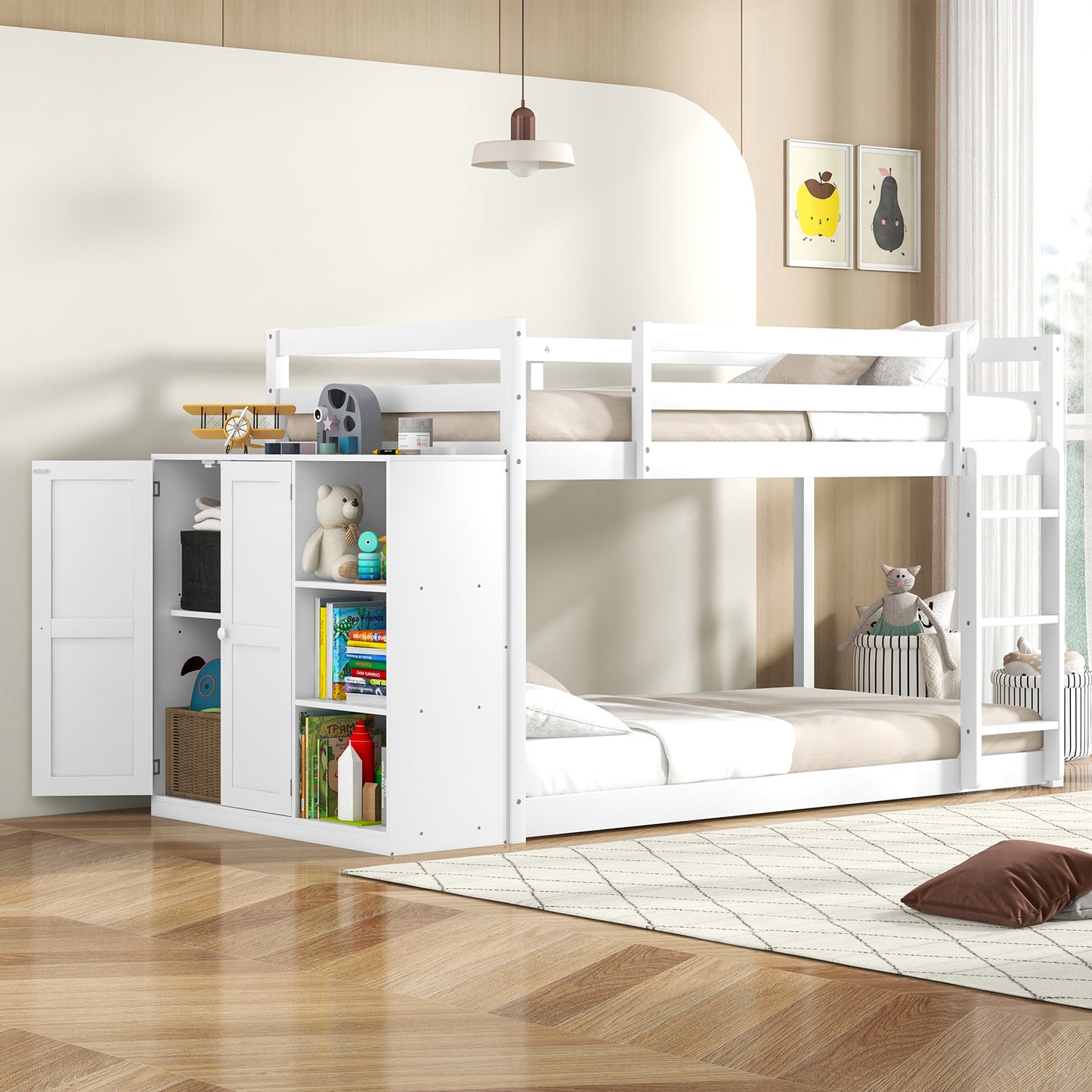 Twin Size Bunk Bed with Convertible Bookcase and Ladder, White Bunk Bed Frame at Gallery Canada