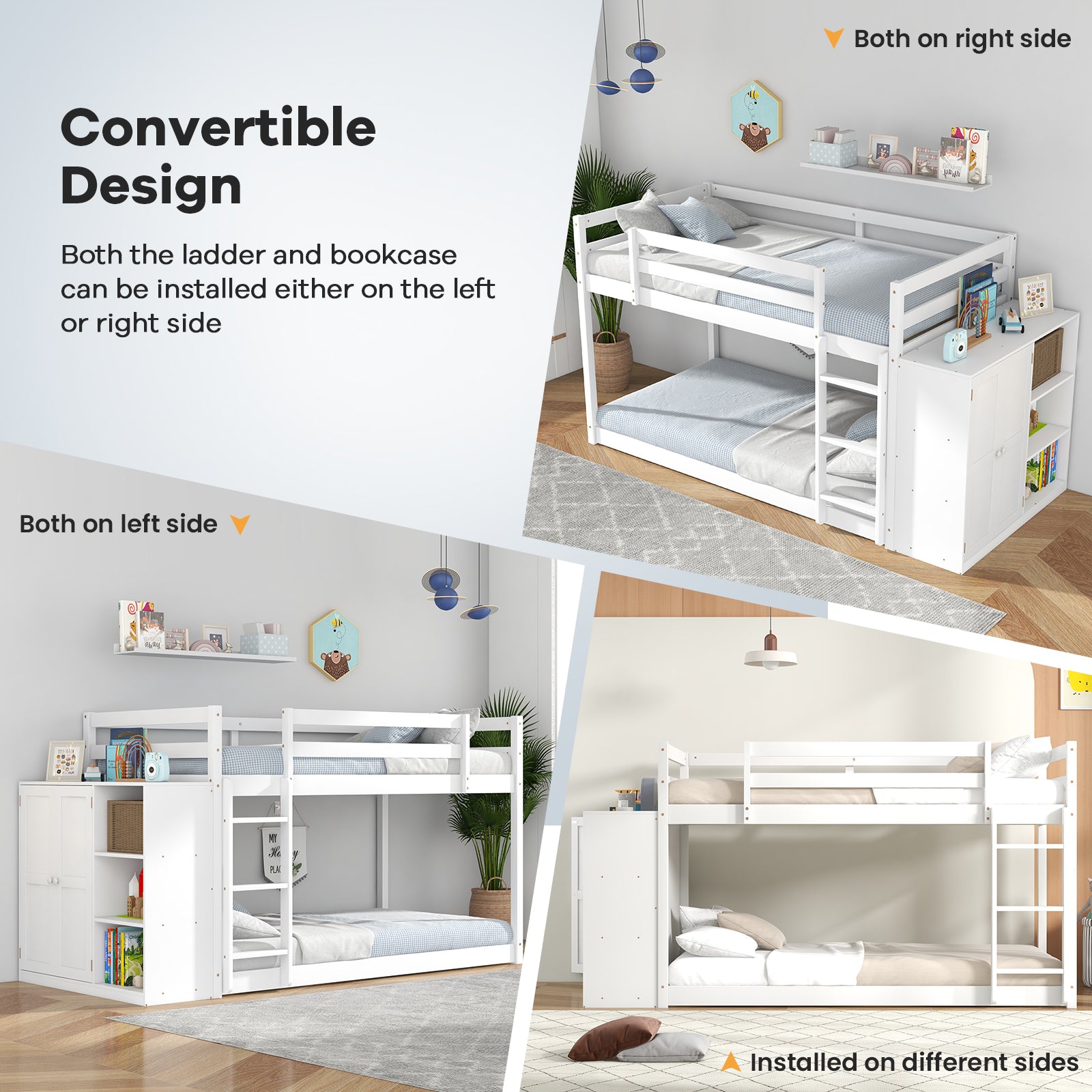 Twin Size Bunk Bed with Convertible Bookcase and Ladder, White Bunk Bed Frame at Gallery Canada