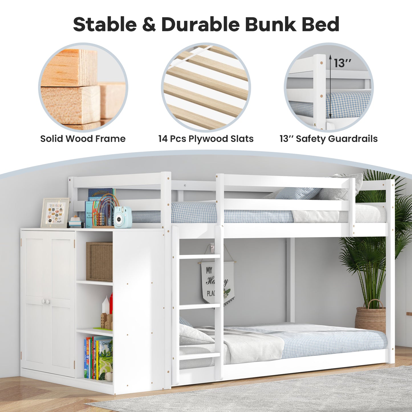 Twin Size Bunk Bed with Convertible Bookcase and Ladder, White Bunk Bed Frame at Gallery Canada