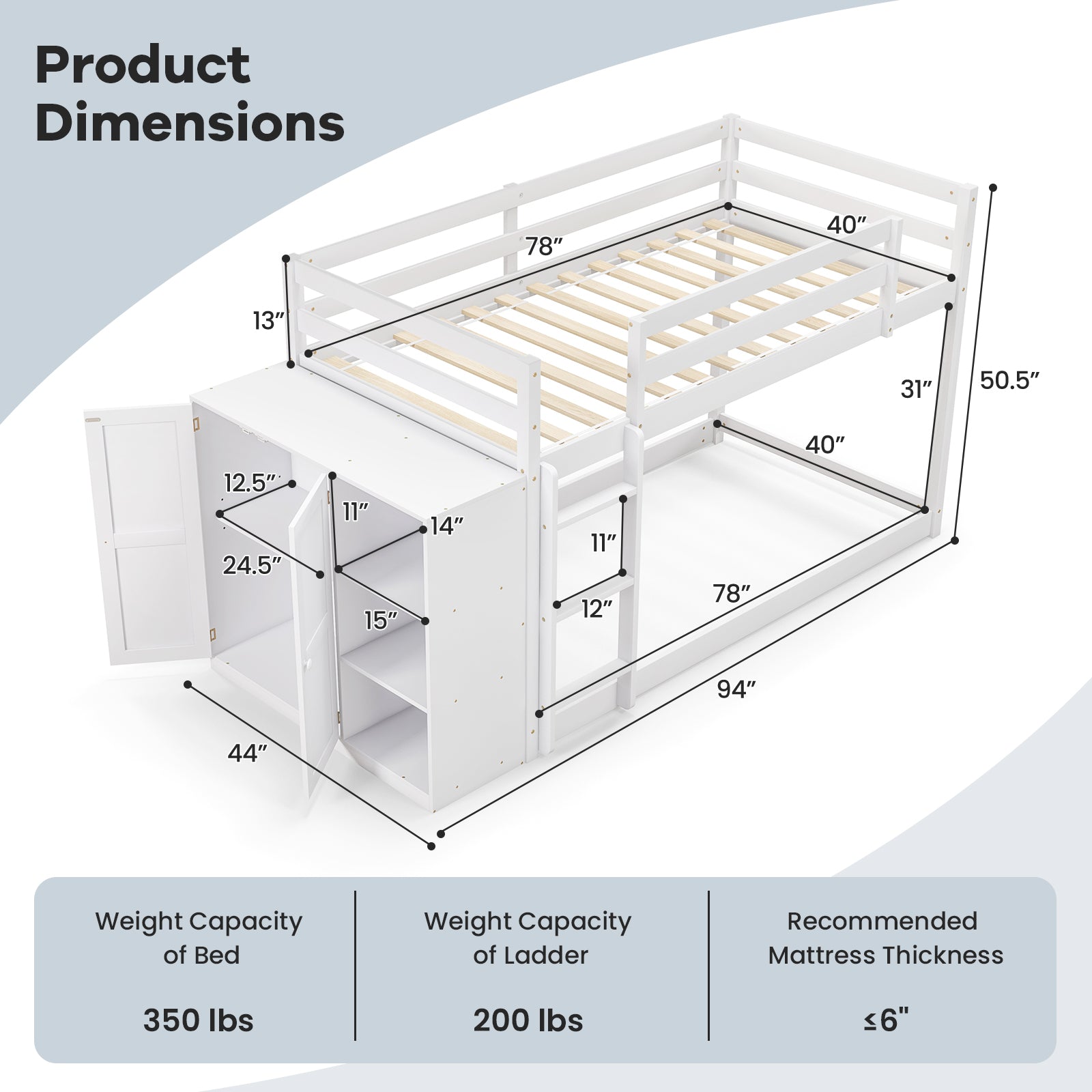 Twin Size Bunk Bed with Convertible Bookcase and Ladder, White Bunk Bed Frame at Gallery Canada