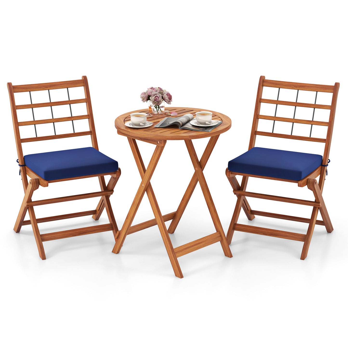 Ensemble de Bistro en Bois d'Acacia pour Terrasse, 3 Pièces, Coussins, Bleu Marine