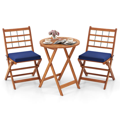 Ensemble de Bistro en Bois d'Acacia pour Terrasse, 3 Pièces, Coussins, Bleu Marine