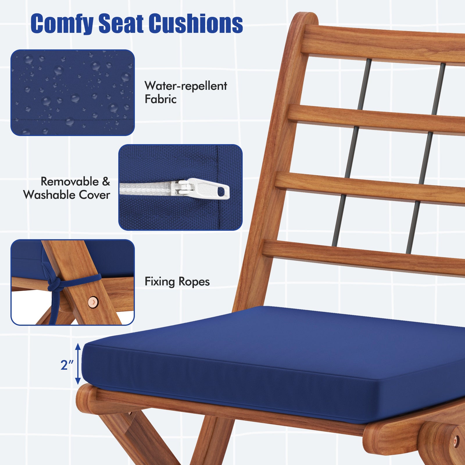 3 Pieces Acacia Wood Patio Bistro Set with Cushions, Navy Patio Conversation Sets at Gallery Canada