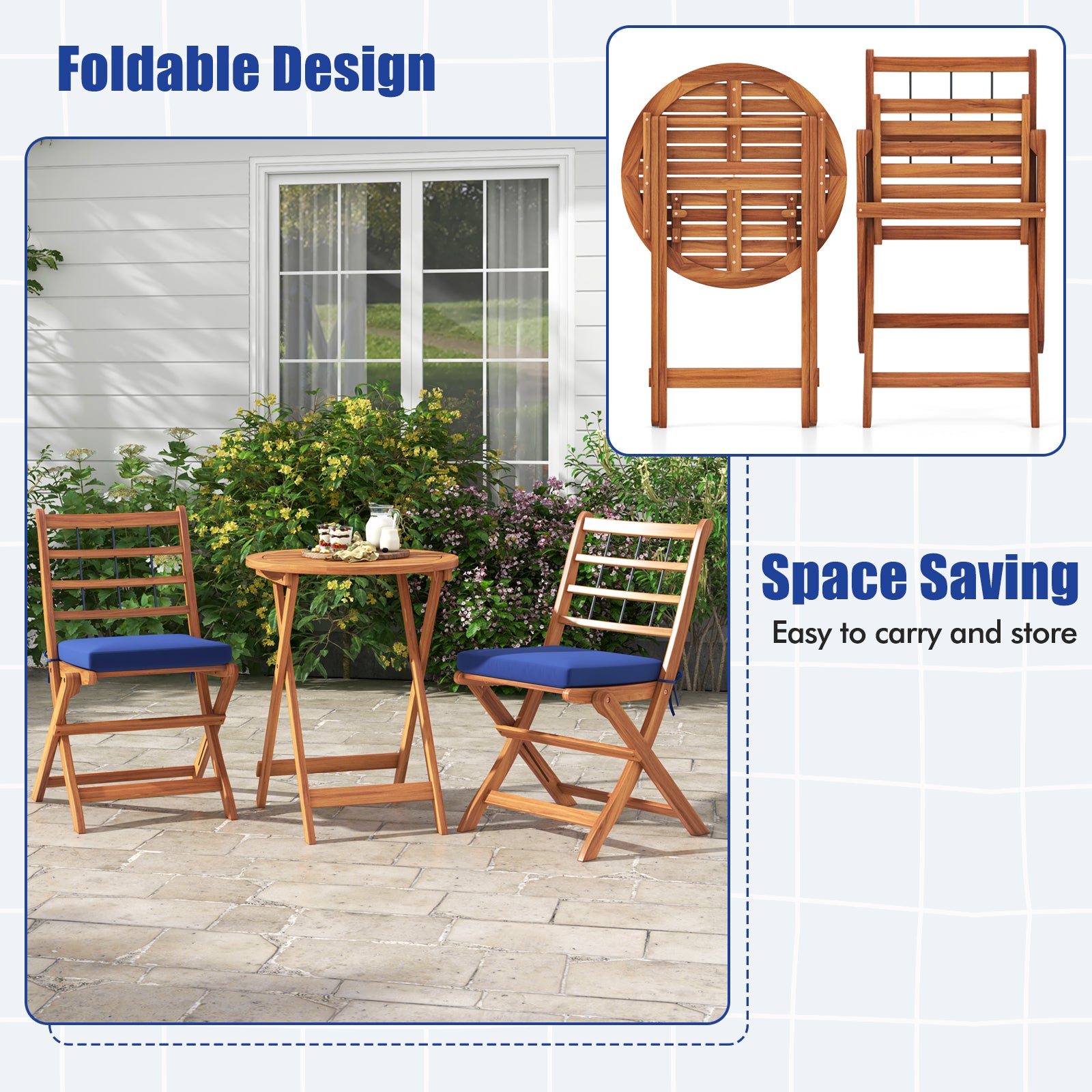 3 Pieces Acacia Wood Patio Bistro Set with Cushions, Navy Patio Conversation Sets at Gallery Canada