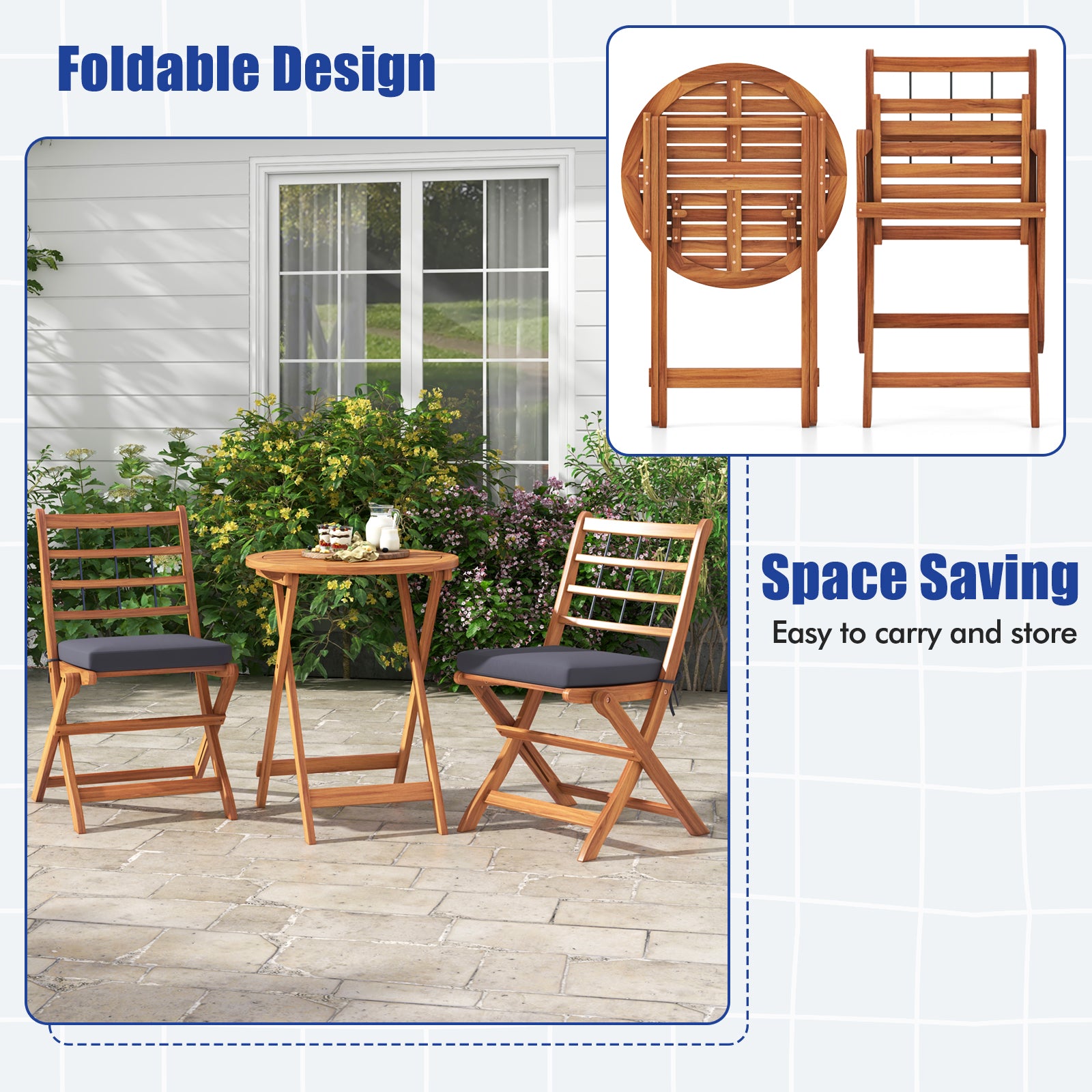 3 Pieces Acacia Wood Patio Bistro Set with Cushions, Gray Patio Conversation Sets at Gallery Canada