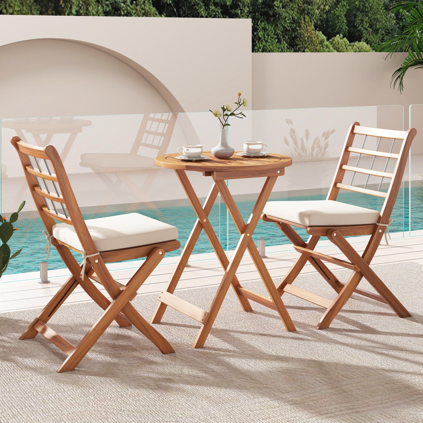 3 Pieces Acacia Wood Patio Bistro Set with Cushions, White Patio Conversation Sets at Gallery Canada