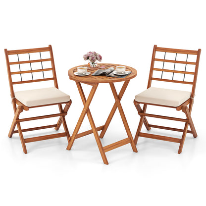 3 Pieces Acacia Wood Patio Bistro Set with Cushions, White Patio Conversation Sets at Gallery Canada