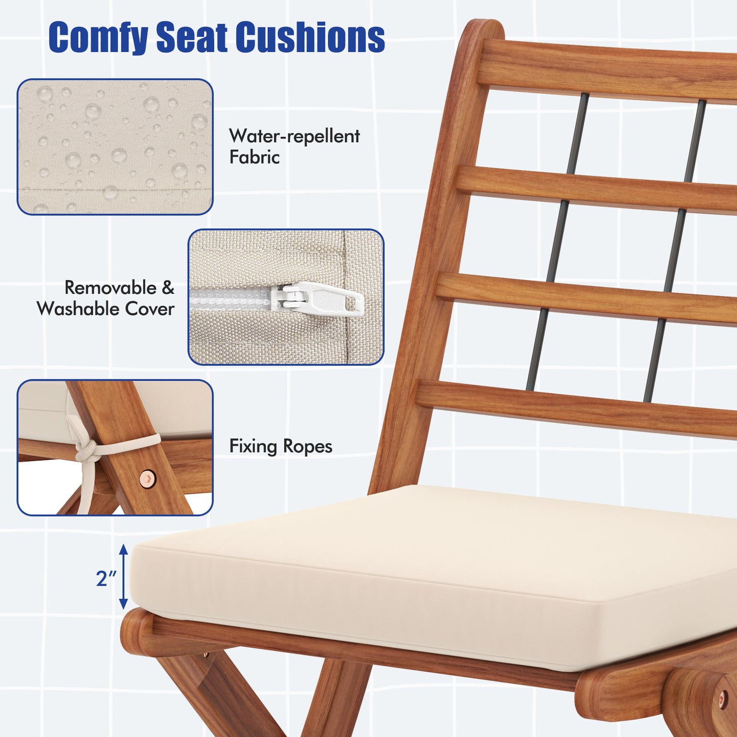 3 Pieces Acacia Wood Patio Bistro Set with Cushions, White Patio Conversation Sets at Gallery Canada