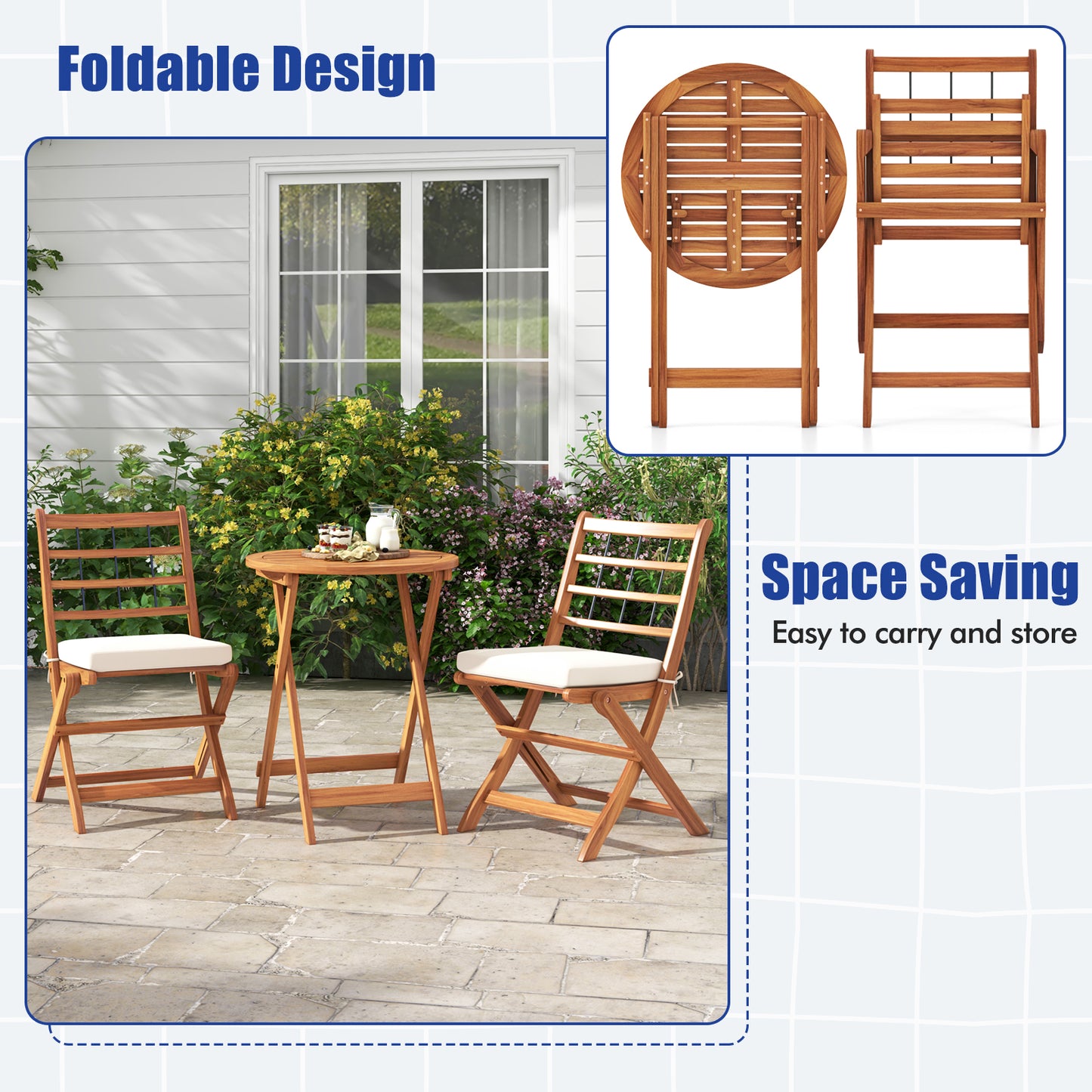 3 Pieces Acacia Wood Patio Bistro Set with Cushions, White Patio Conversation Sets at Gallery Canada