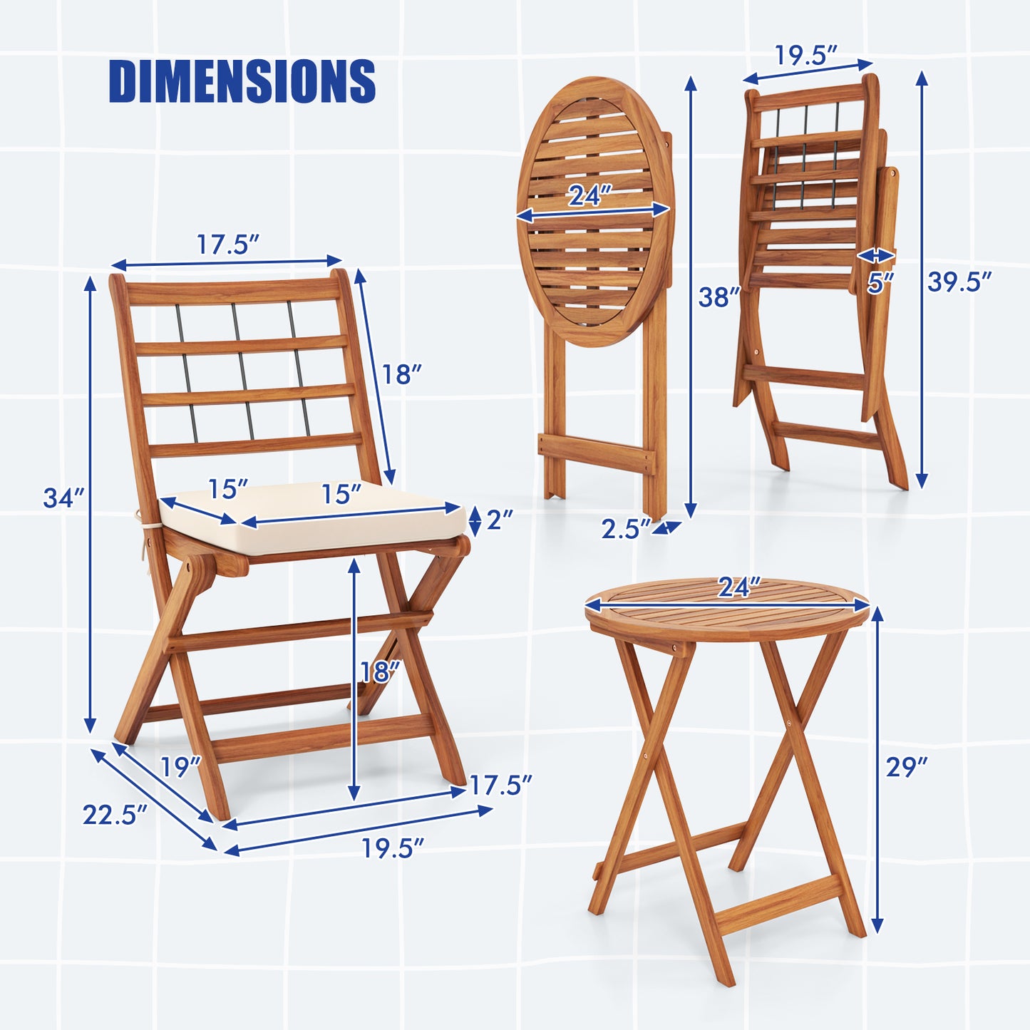 3 Pieces Acacia Wood Patio Bistro Set with Cushions, White Patio Conversation Sets at Gallery Canada