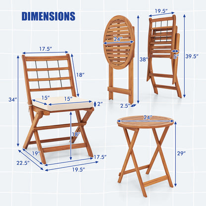 3 Pieces Acacia Wood Patio Bistro Set with Cushions, White Patio Conversation Sets at Gallery Canada