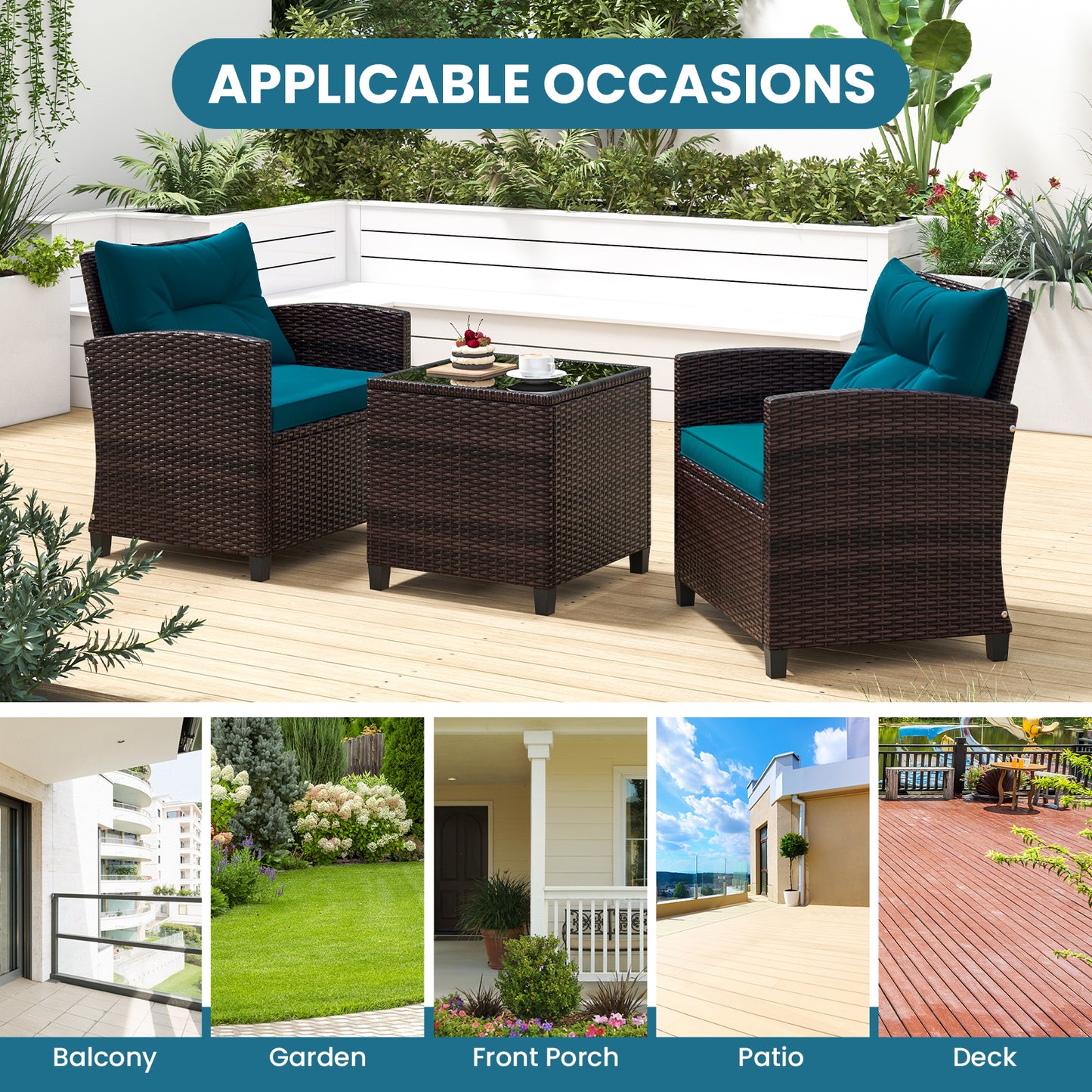 3 Pieces Rattan Patio Furniture Set with Washable Cushion, Peacock Blue Patio Conversation Sets at Gallery Canada