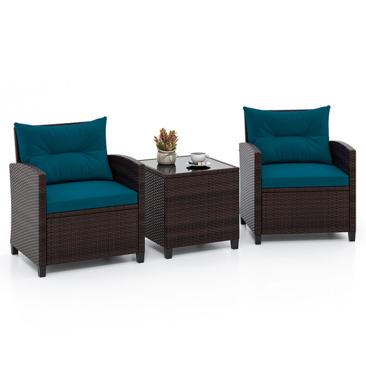 3 Pieces Rattan Patio Furniture Set with Washable Cushion, Peacock Blue Patio Conversation Sets Peacock Blue at Gallery Canada