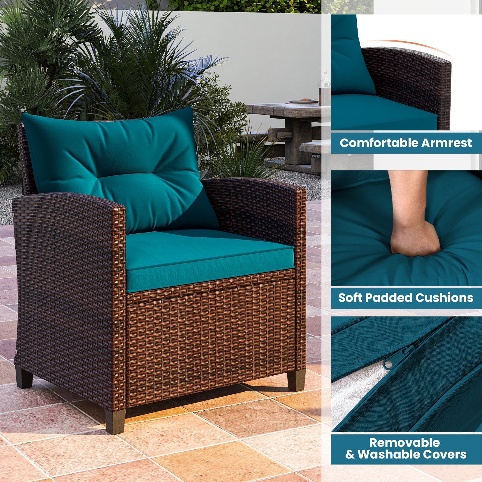 3 Pieces Rattan Patio Furniture Set with Washable Cushion, Peacock Blue Patio Conversation Sets at Gallery Canada