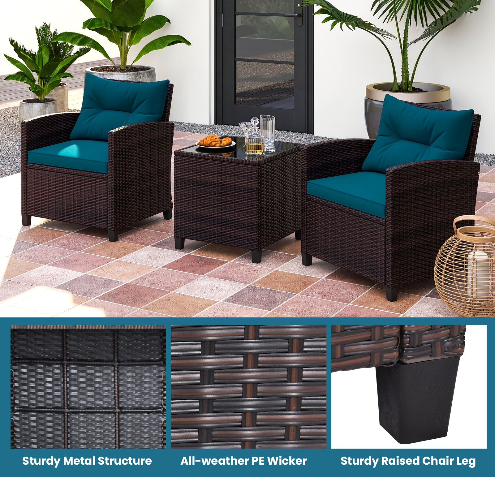 3 Pieces Rattan Patio Furniture Set with Washable Cushion, Peacock Blue Patio Conversation Sets at Gallery Canada