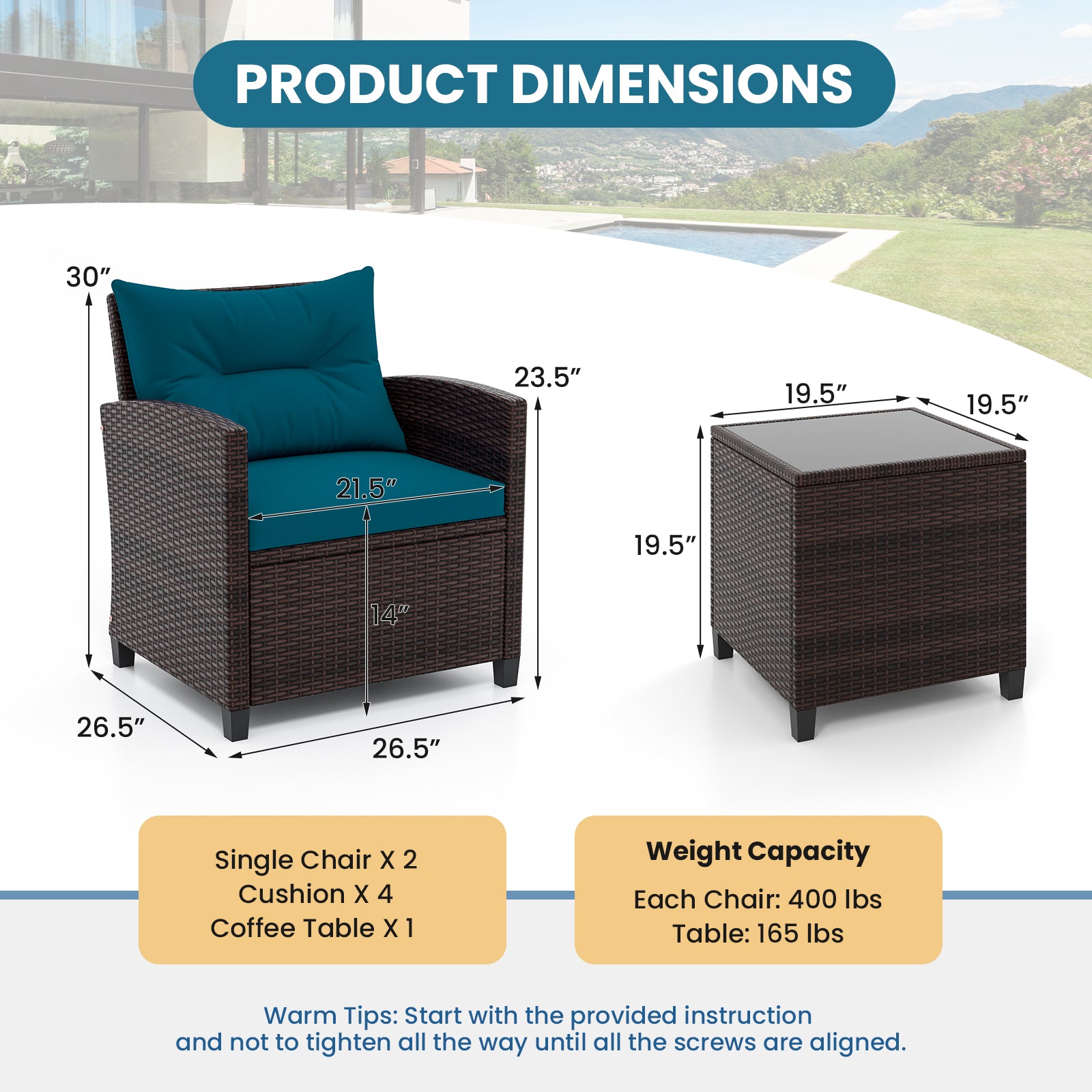 3 Pieces Rattan Patio Furniture Set with Washable Cushion, Peacock Blue Patio Conversation Sets at Gallery Canada