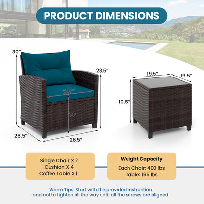 3 Pieces Rattan Patio Furniture Set with Washable Cushion, Peacock Blue Patio Conversation Sets at Gallery Canada