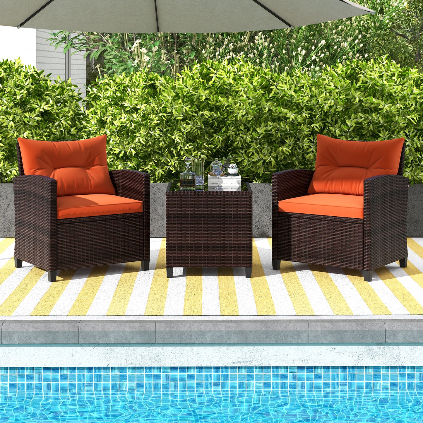 3 Pieces Rattan Patio Furniture Set with Washable Cushion, Orange Patio Conversation Sets at Gallery Canada