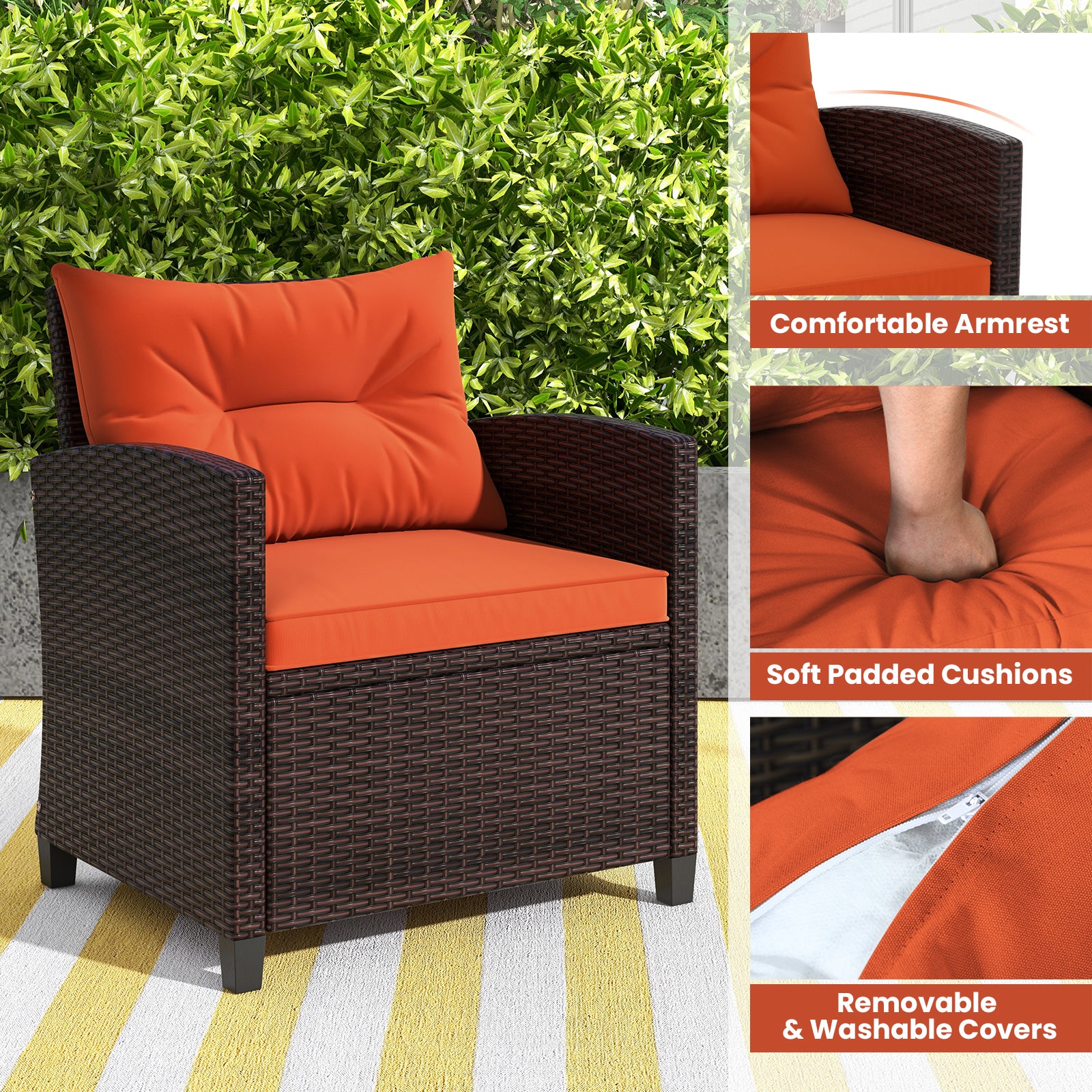 3 Pieces Rattan Patio Furniture Set with Washable Cushion, Orange Patio Conversation Sets at Gallery Canada