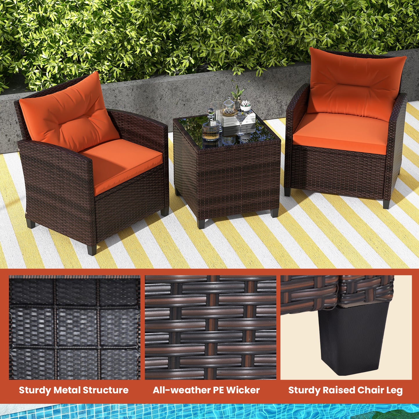 3 Pieces Rattan Patio Furniture Set with Washable Cushion, Orange Patio Conversation Sets at Gallery Canada