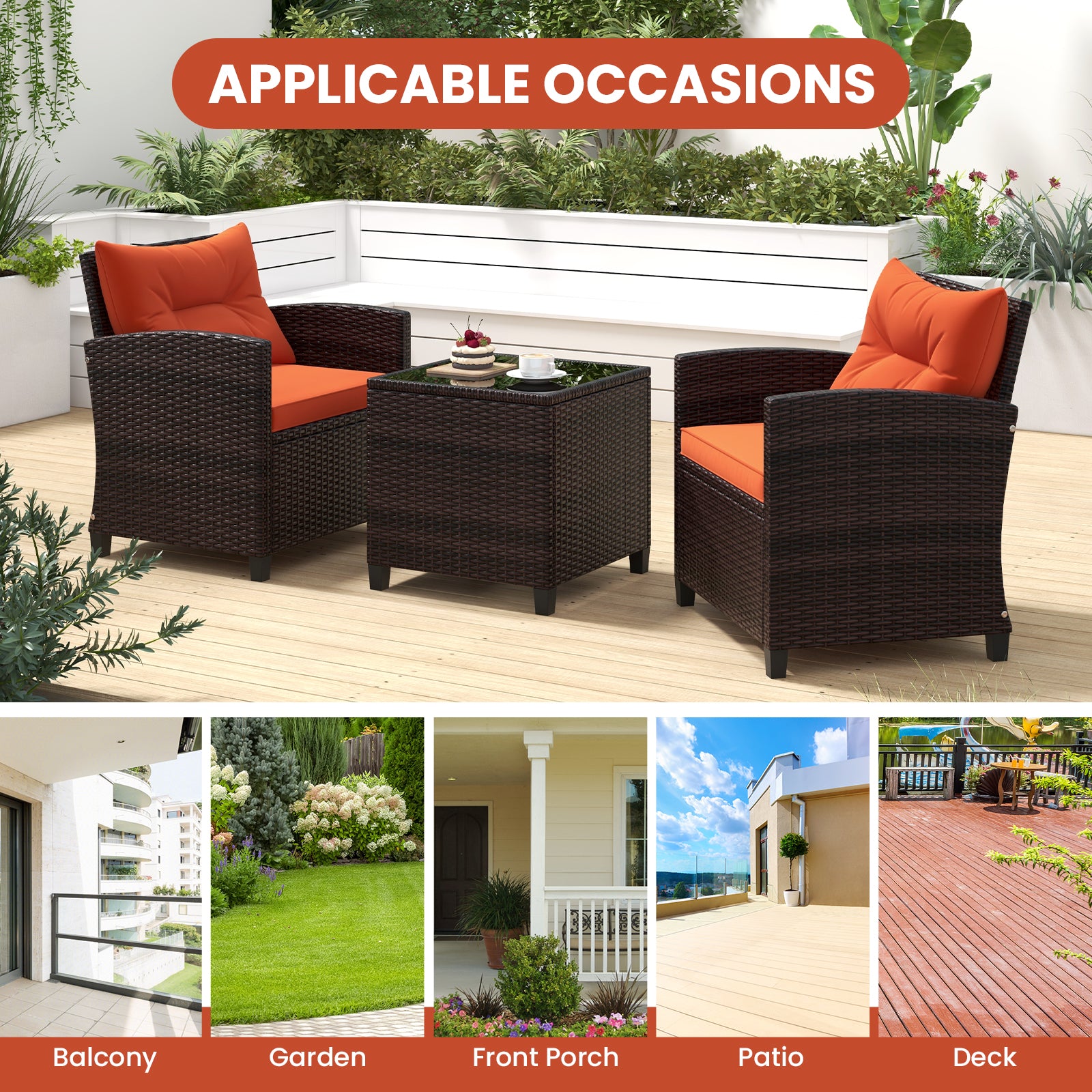 3 Pieces Rattan Patio Furniture Set with Washable Cushion, Orange Patio Conversation Sets at Gallery Canada