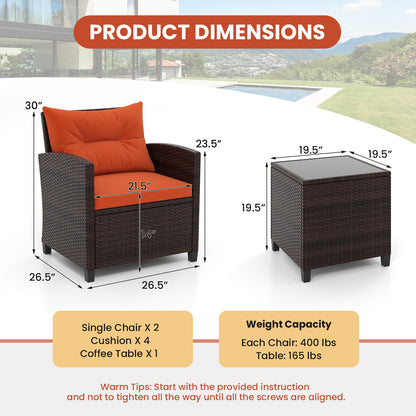 3 Pieces Rattan Patio Furniture Set with Washable Cushion, Orange Patio Conversation Sets at Gallery Canada