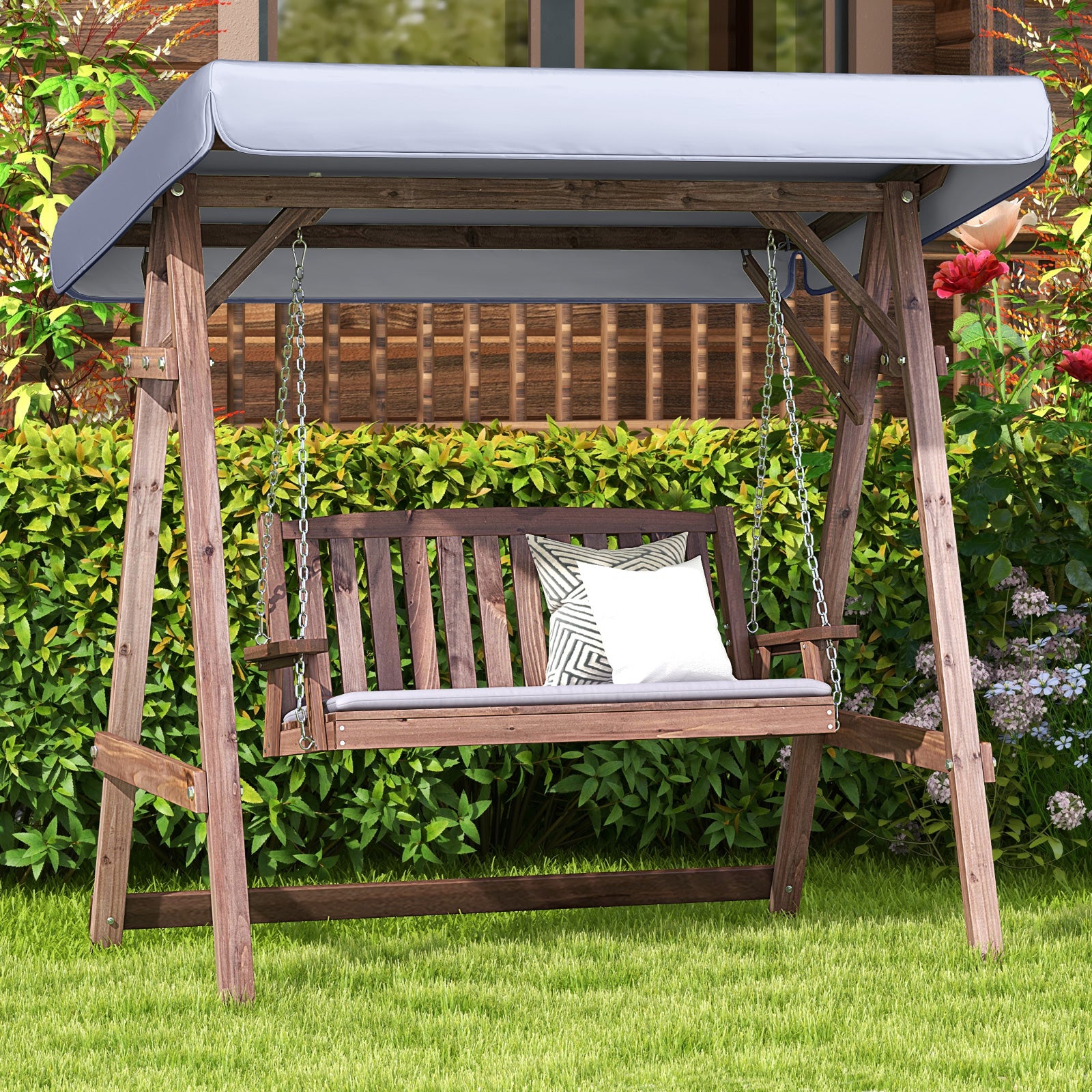 2-Person Porch Swing with Fir Wood Stand and Tilt Canopy, Brown Porch Swings at Gallery Canada