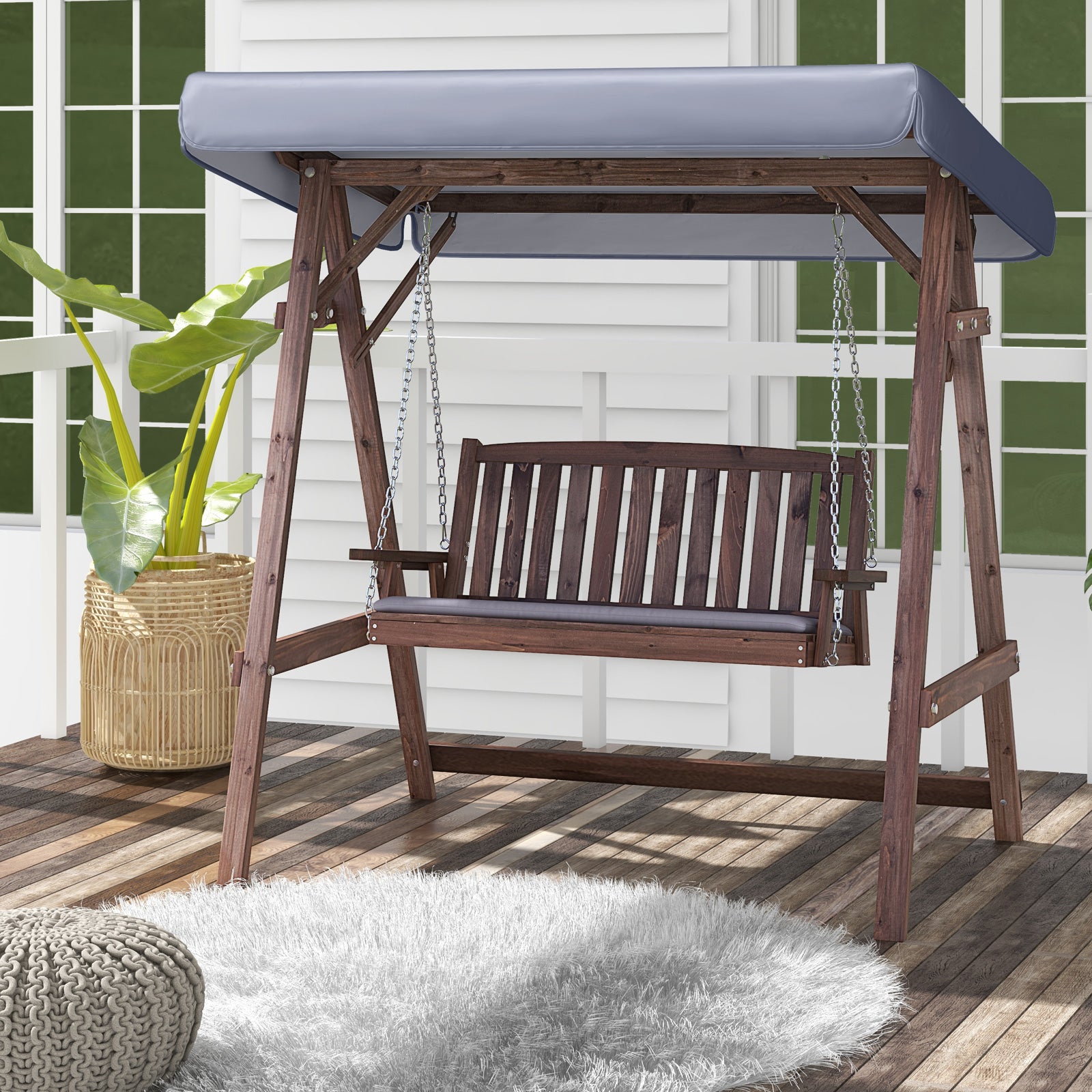 2-Person Porch Swing with Fir Wood Stand and Tilt Canopy, Brown Porch Swings at Gallery Canada