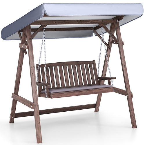 2-Person Porch Swing, Fir Wood Stand, Tilt Canopy, Brown