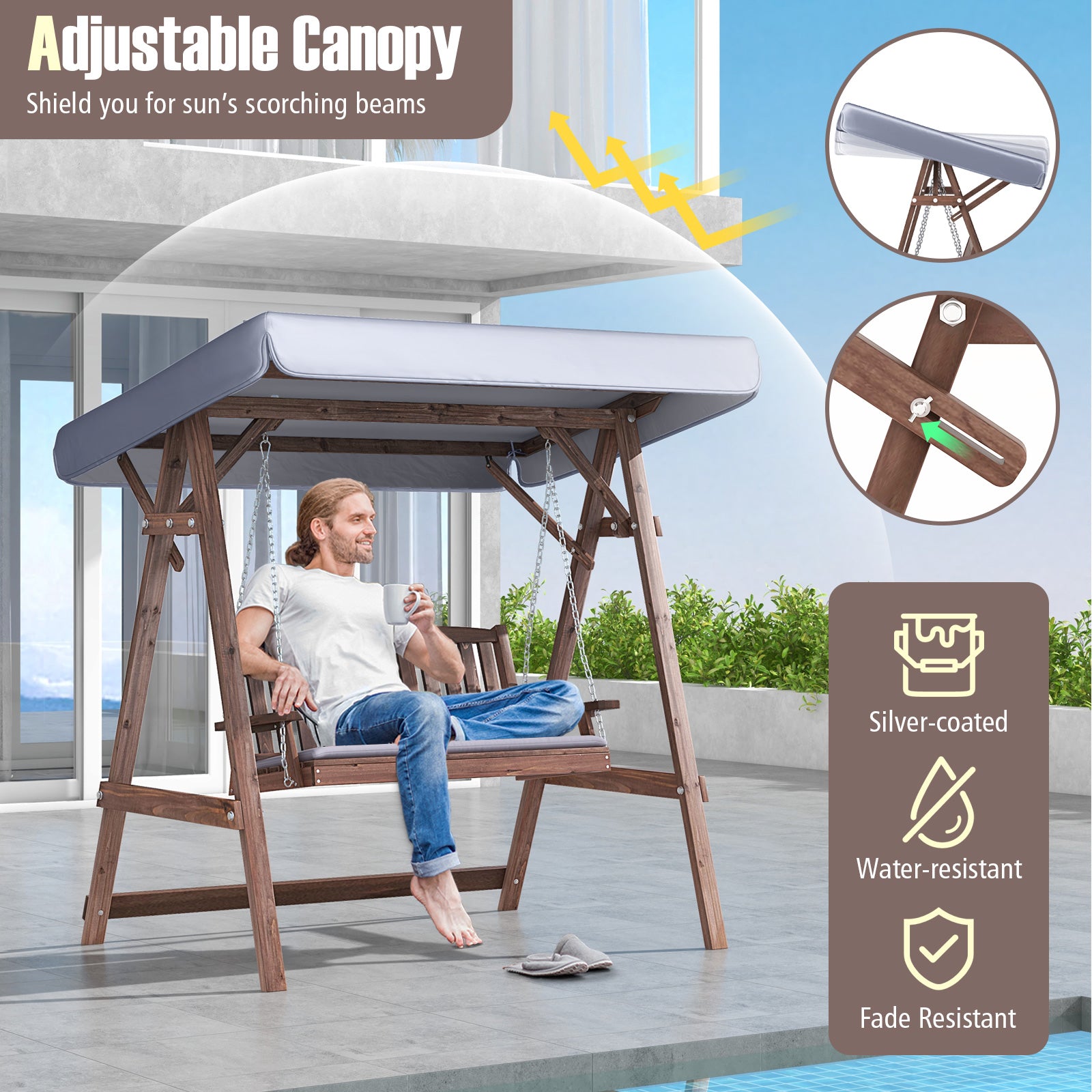 2-Person Porch Swing with Fir Wood Stand and Tilt Canopy, Brown Porch Swings at Gallery Canada