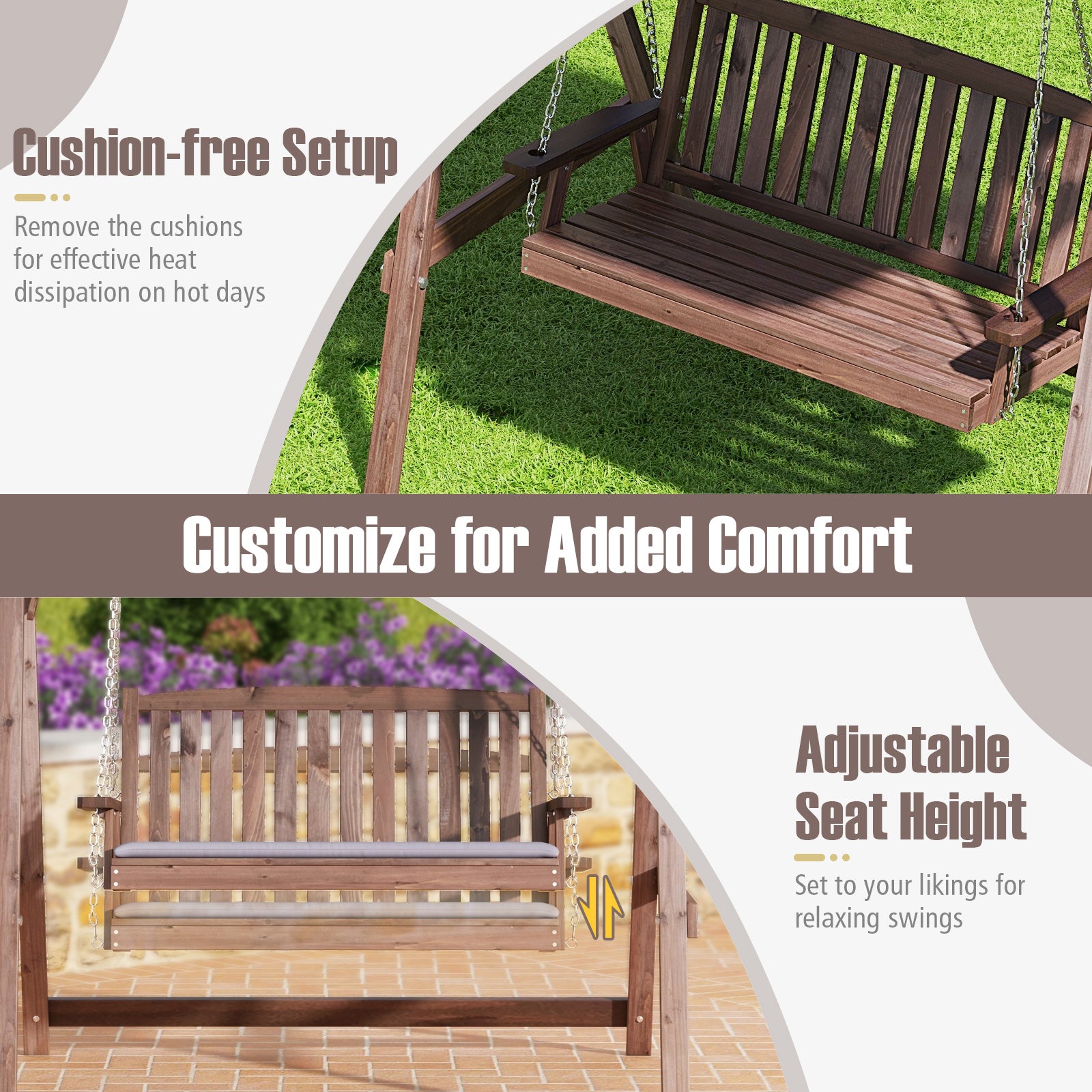 2-Person Porch Swing with Fir Wood Stand and Tilt Canopy, Brown Porch Swings at Gallery Canada