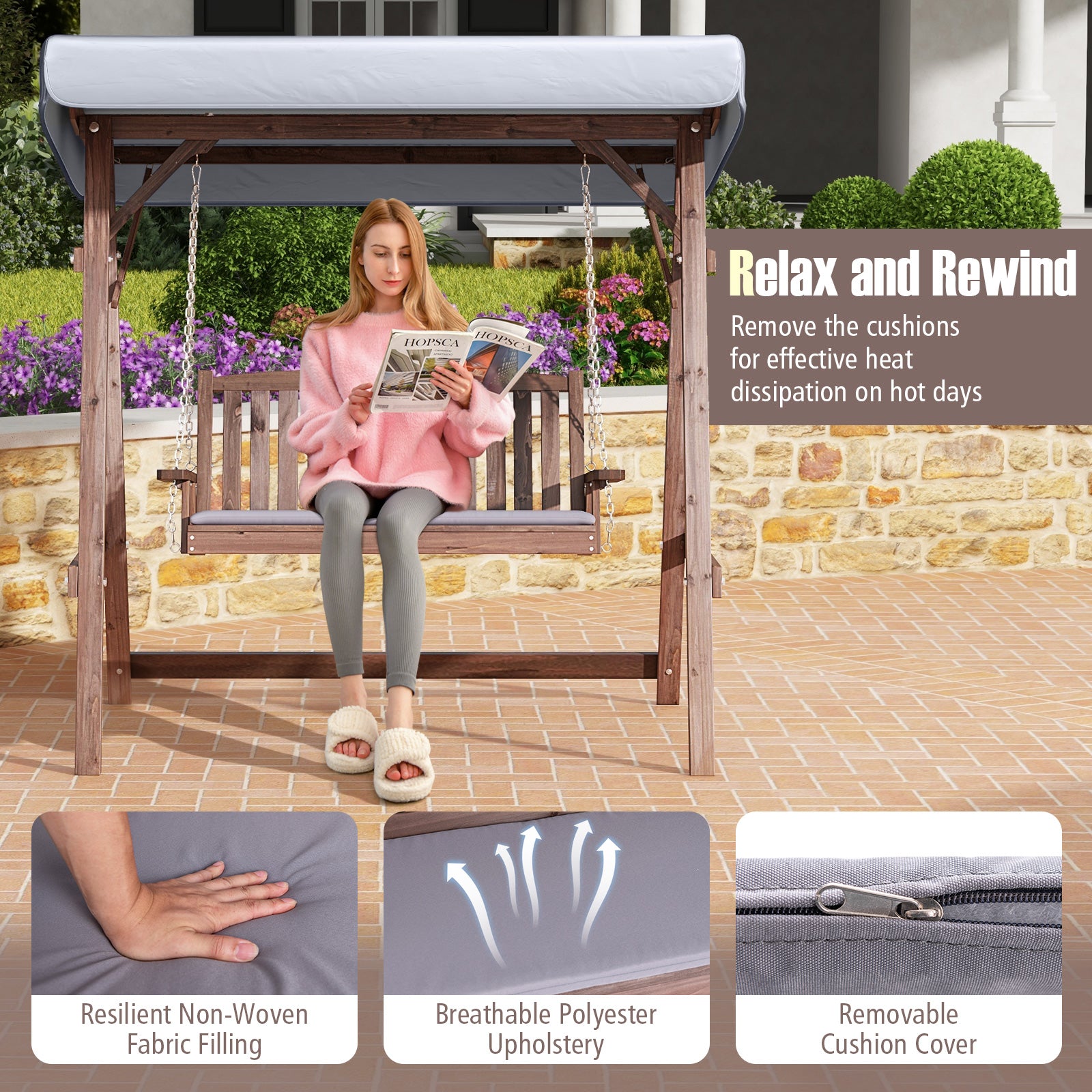 2-Person Porch Swing with Fir Wood Stand and Tilt Canopy, Brown Porch Swings at Gallery Canada