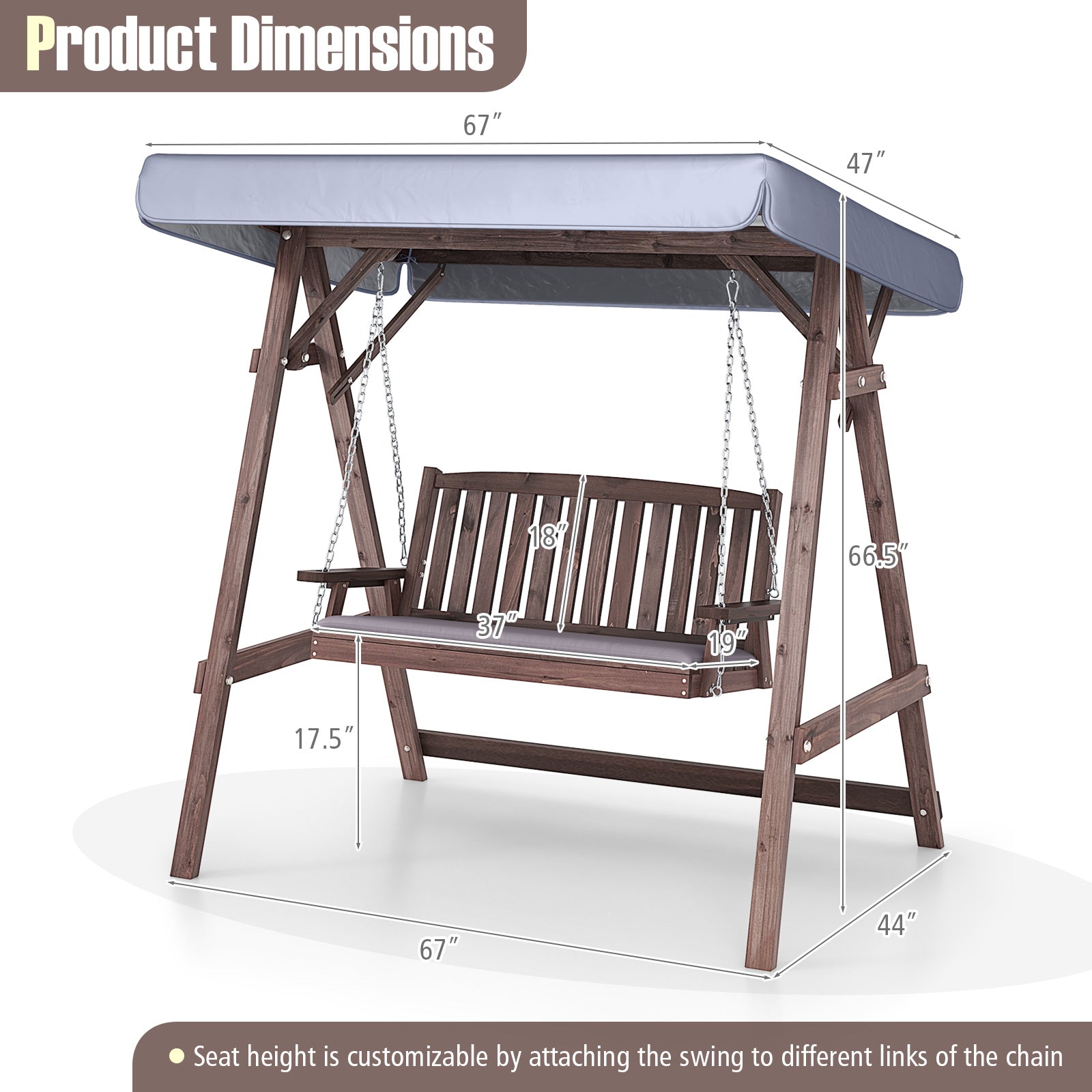 2-Person Porch Swing with Fir Wood Stand and Tilt Canopy, Brown Porch Swings at Gallery Canada