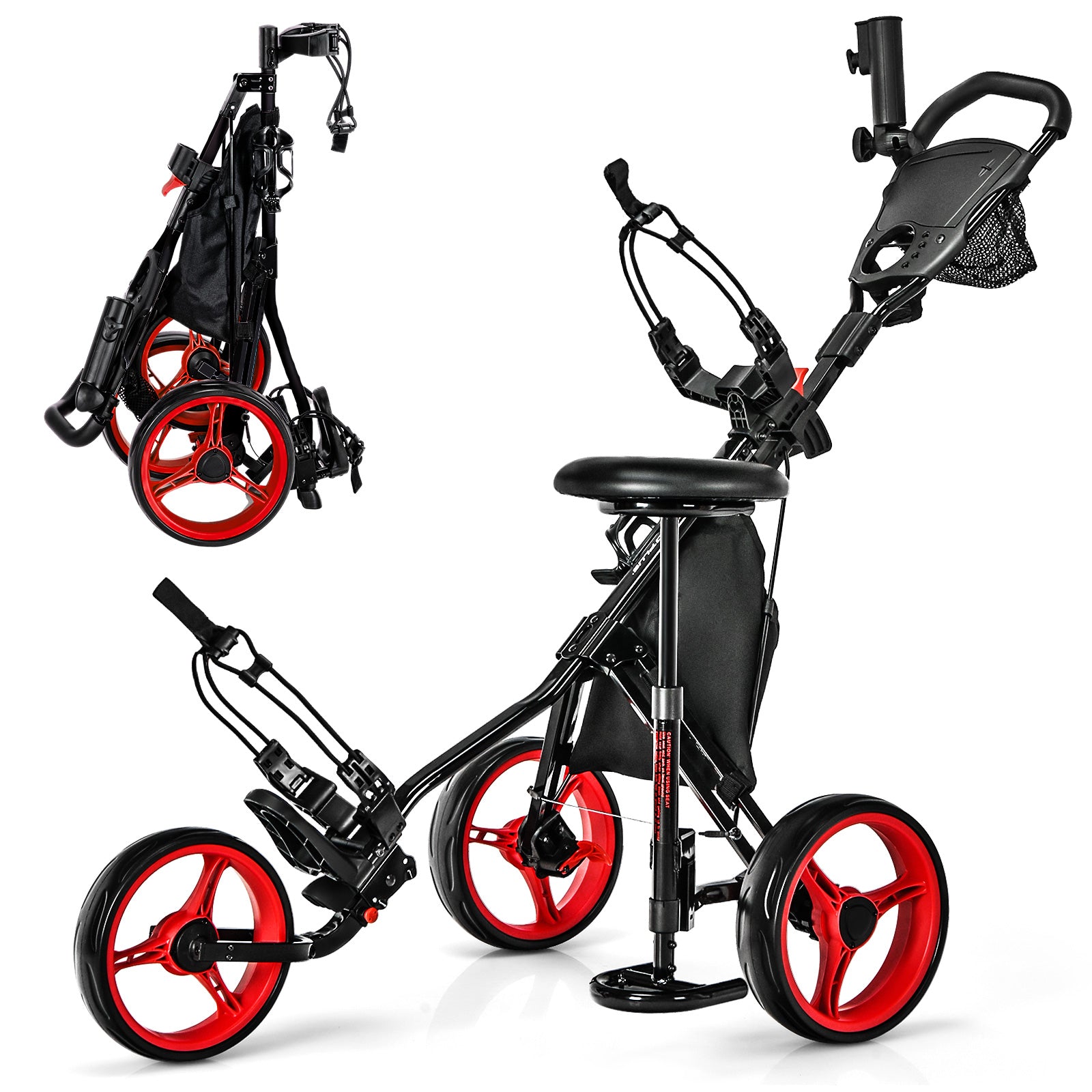 3 Wheels Folding Golf Push Cart with Seat Scoreboard and Adjustable Handle, Red Golf at Gallery Canada