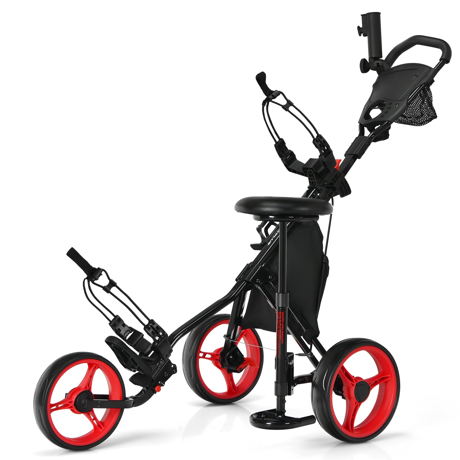 3 Wheels Folding Golf Push Cart with Seat Scoreboard and Adjustable Handle, Red Golf at Gallery Canada