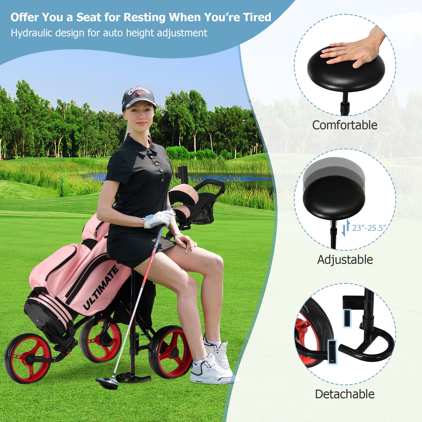3 Wheels Folding Golf Push Cart with Seat Scoreboard and Adjustable Handle, Red Golf at Gallery Canada