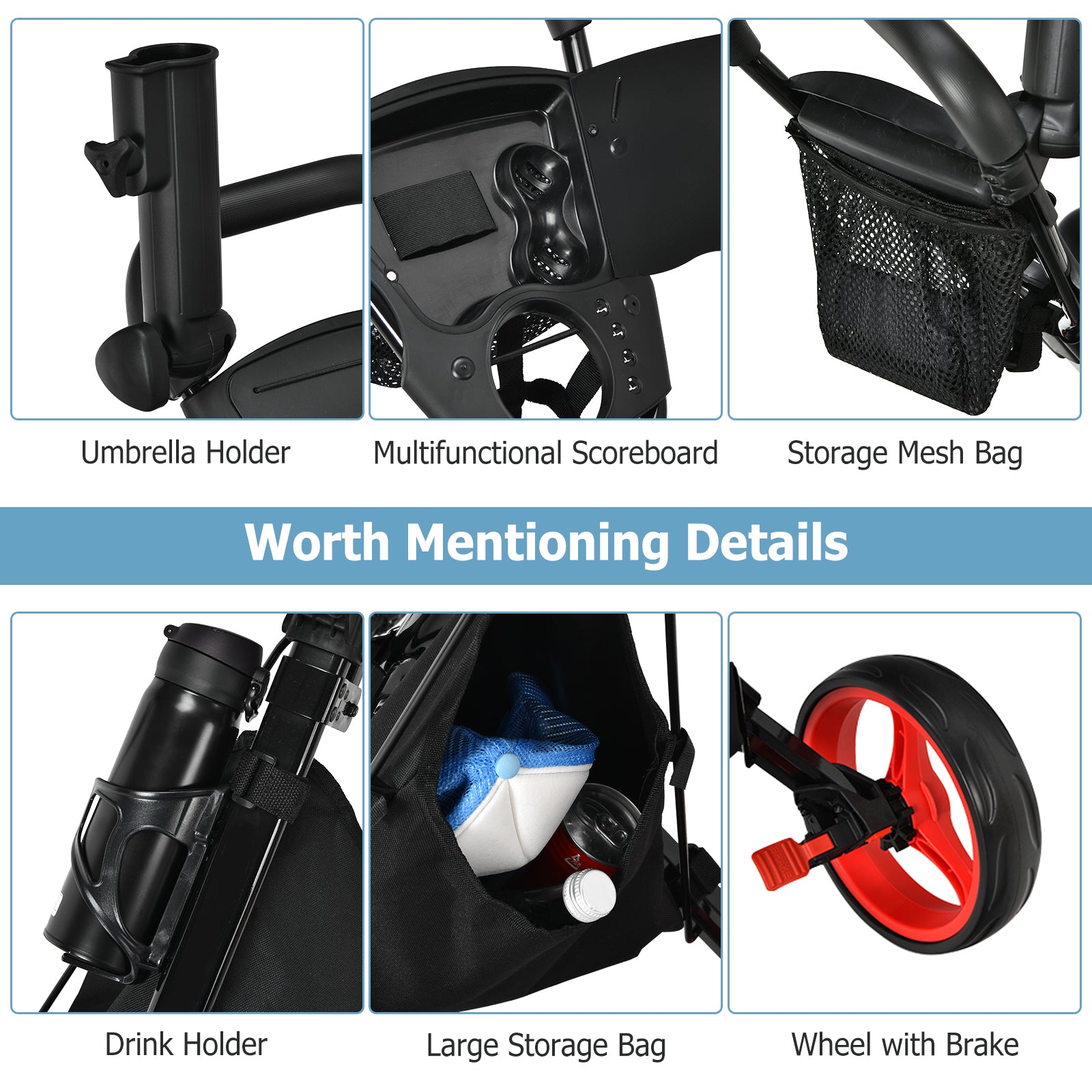 3 Wheels Folding Golf Push Cart with Seat Scoreboard and Adjustable Handle, Red Golf at Gallery Canada