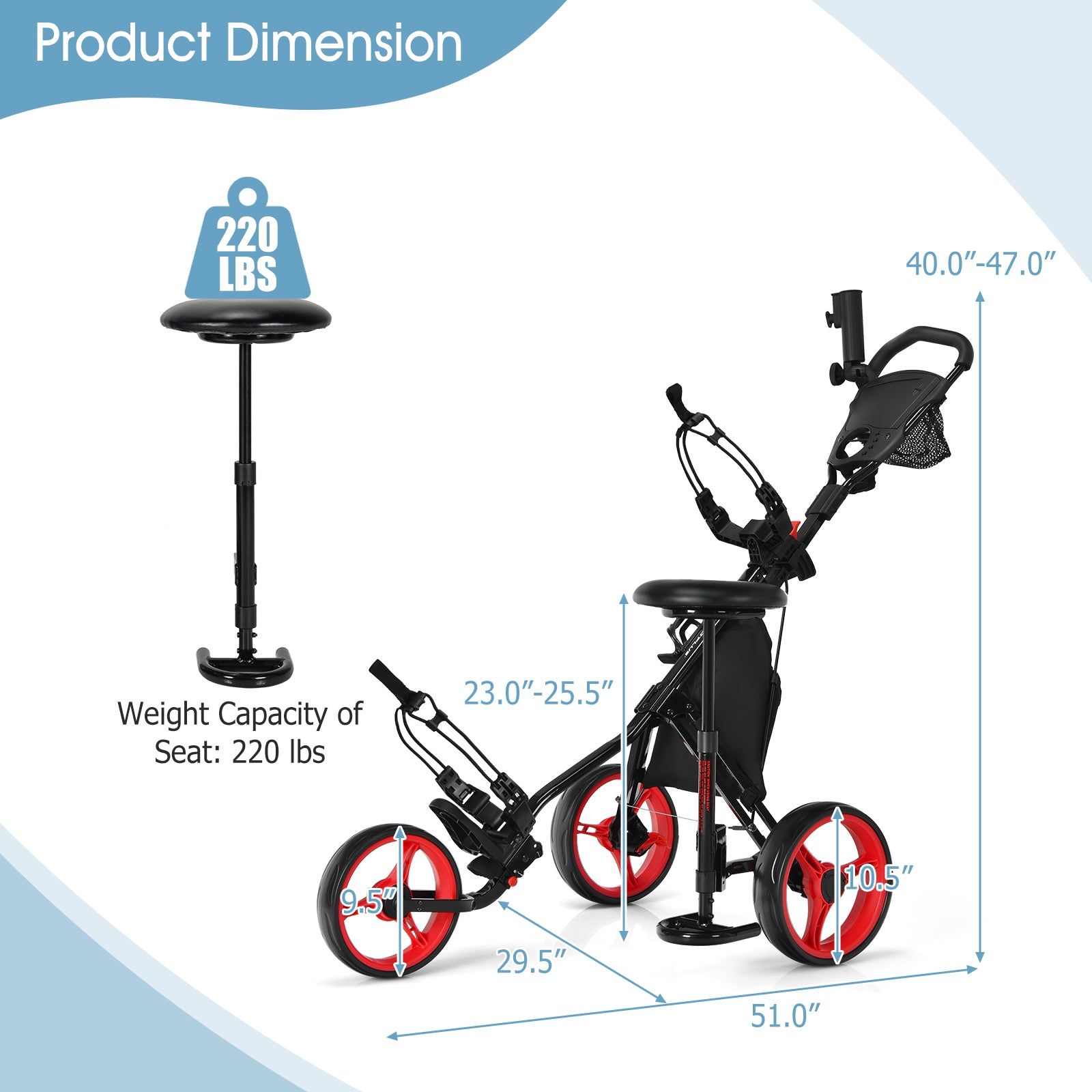 3 Wheels Folding Golf Push Cart with Seat Scoreboard and Adjustable Handle, Red Golf at Gallery Canada