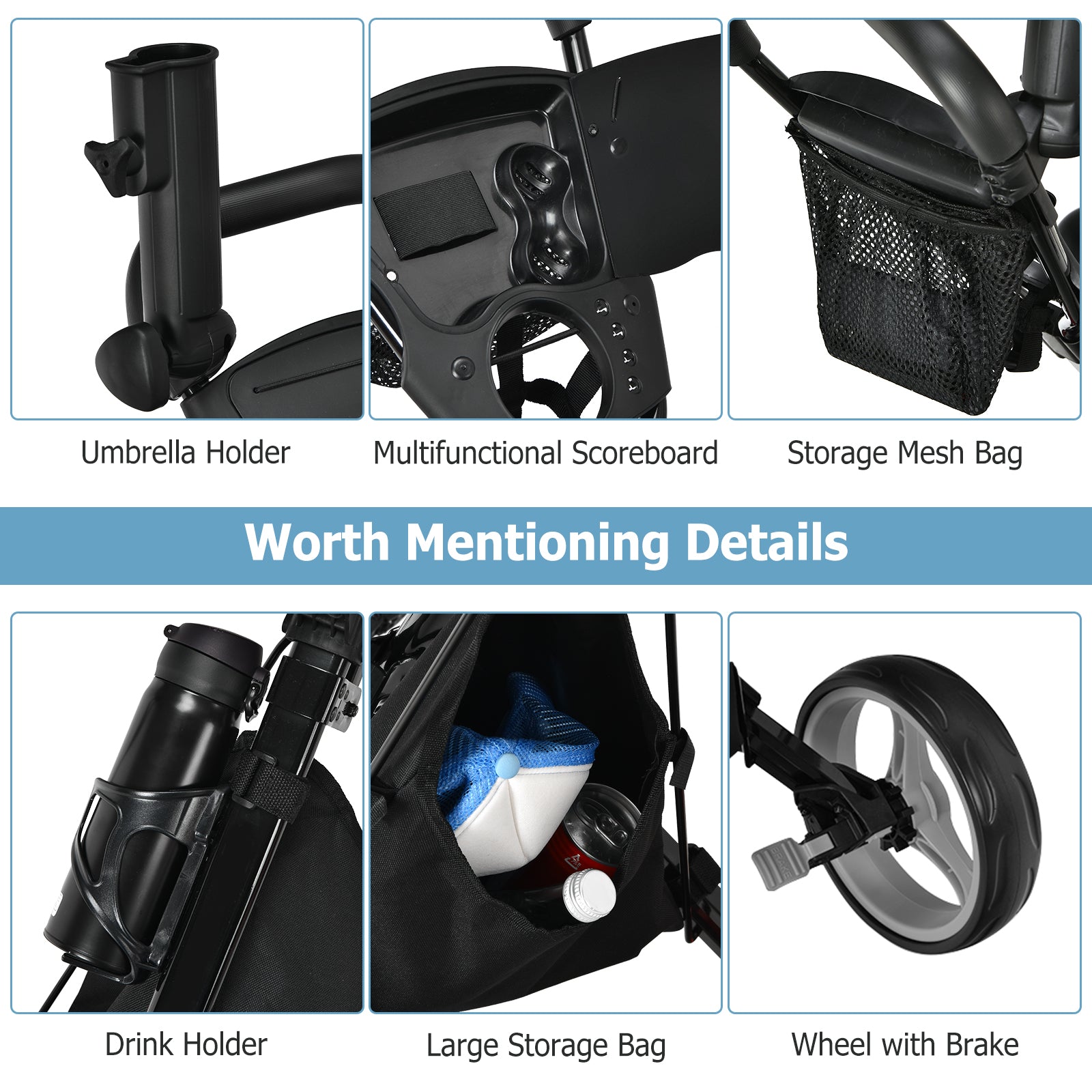 3 Wheels Folding Golf Push Cart with Seat Scoreboard and Adjustable Handle, Gray Golf at Gallery Canada