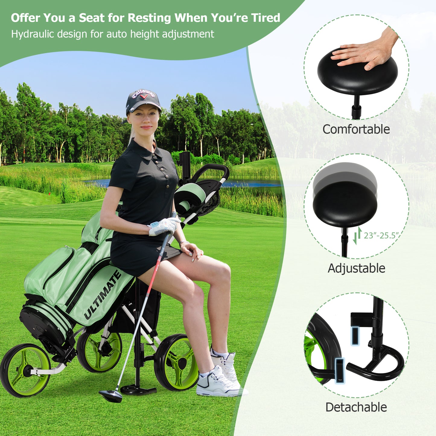 3 Wheels Folding Golf Push Cart with Seat Scoreboard and Adjustable Handle, Green Golf at Gallery Canada