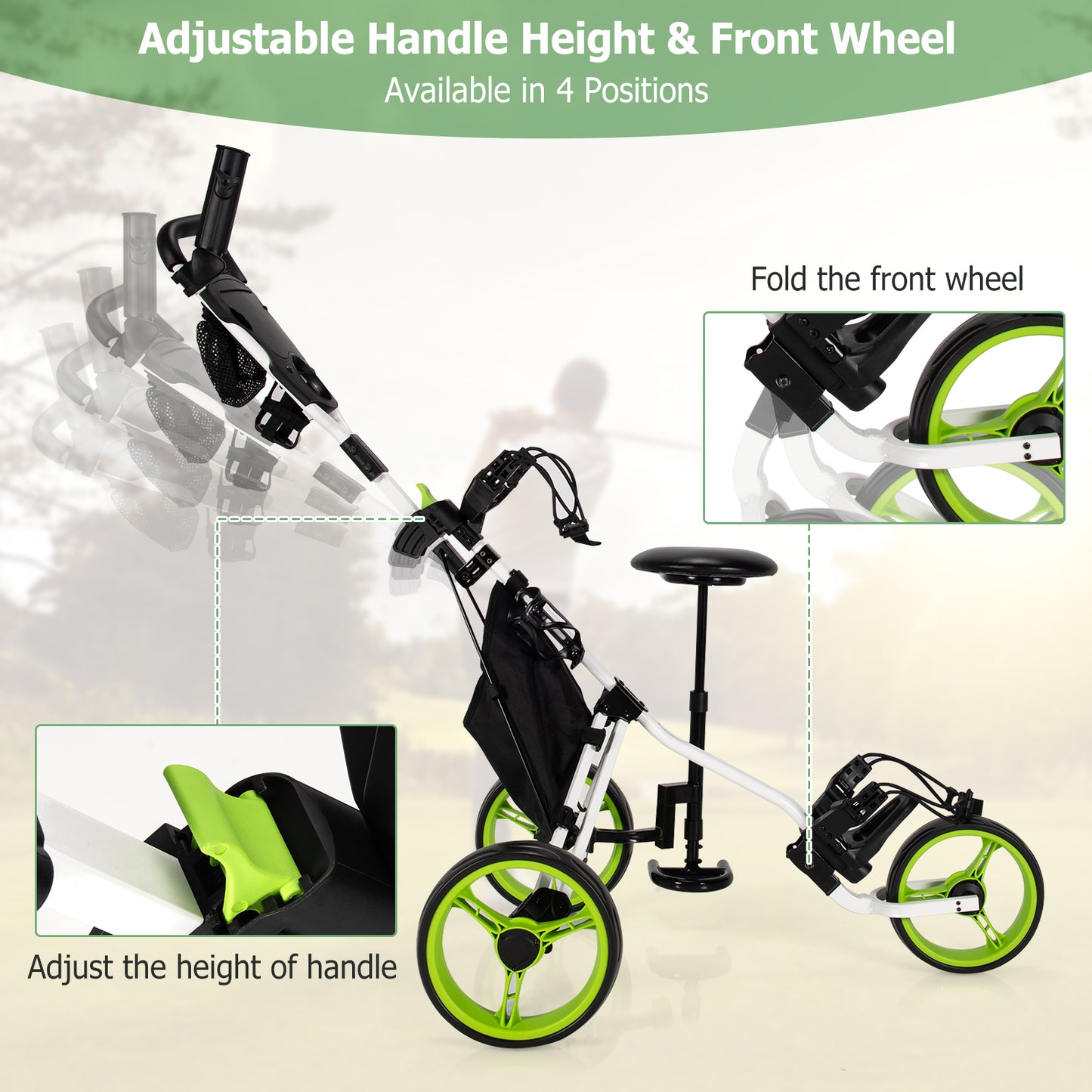 3 Wheels Folding Golf Push Cart with Seat Scoreboard and Adjustable Handle, Green Golf at Gallery Canada