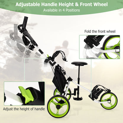 3 Wheels Folding Golf Push Cart with Seat Scoreboard and Adjustable Handle, Green Golf at Gallery Canada