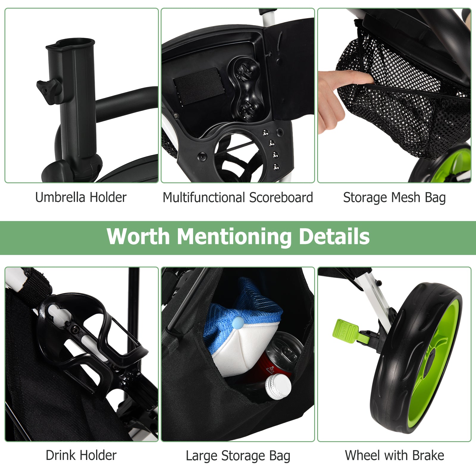 3 Wheels Folding Golf Push Cart with Seat Scoreboard and Adjustable Handle, Green Golf at Gallery Canada