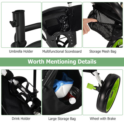 3 Wheels Folding Golf Push Cart with Seat Scoreboard and Adjustable Handle, Green Golf at Gallery Canada