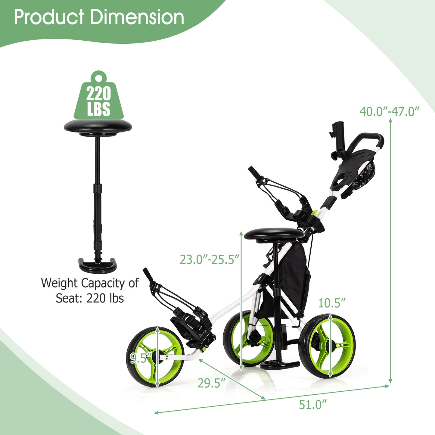3 Wheels Folding Golf Push Cart with Seat Scoreboard and Adjustable Handle, Green Golf at Gallery Canada