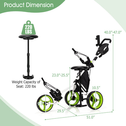 3 Wheels Folding Golf Push Cart with Seat Scoreboard and Adjustable Handle, Green Golf at Gallery Canada