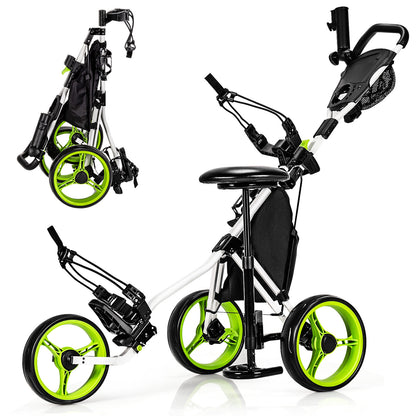 3 Wheels Folding Golf Push Cart with Seat Scoreboard and Adjustable Handle, Green Golf at Gallery Canada