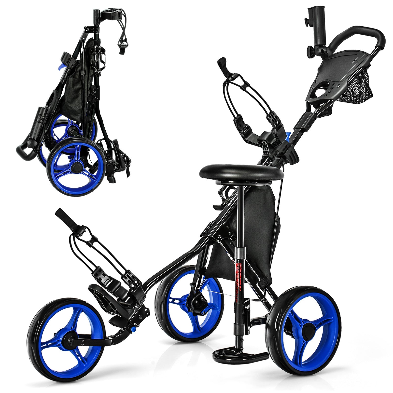 3 Wheels Folding Golf Push Cart with Seat Scoreboard and Adjustable Handle, Blue Golf at Gallery Canada