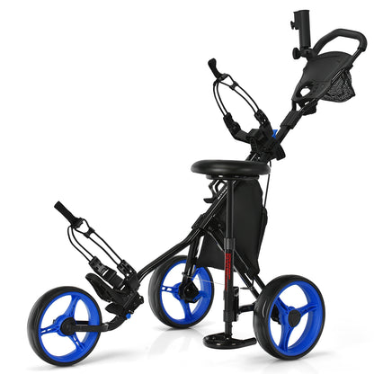 3 Wheels Folding Golf Push Cart with Seat Scoreboard and Adjustable Handle, Blue Golf at Gallery Canada