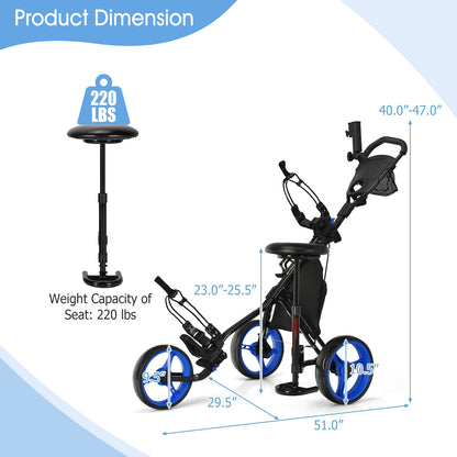 3 Wheels Folding Golf Push Cart with Seat Scoreboard and Adjustable Handle, Blue Golf at Gallery Canada